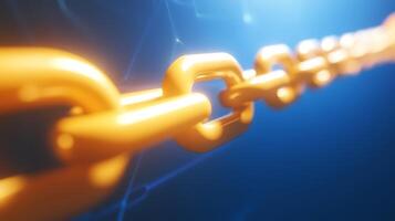 Close-up view of an orange chain link in a digital blue background, symbolizing connectivity and strength photo