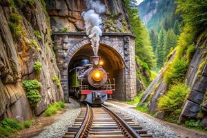 Travel.A steam locomotive emerges from a mountain tunnel photo