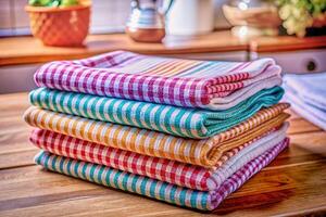 Neatly folded stacks of colored towels,fabrics,tablecloths,curtains photo