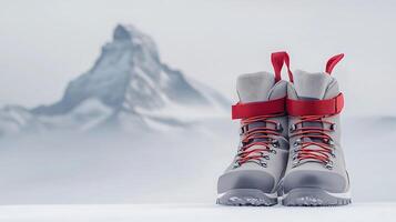 A pair of sturdy winter boots positioned in the snow with a majestic mountain backdrop photo