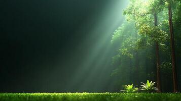 Serene forest scene with sunlight filtering through trees, highlighting lush greenery and tranquility photo