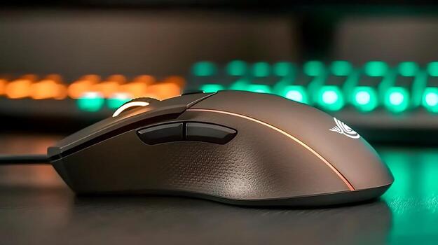 Close-up of a sleek gaming mouse on a desk with colorful backlit keyboard in the background photo