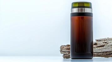 Stylish insulated beverage container resting on textured wooden surface against a light backdrop photo