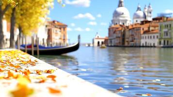 Serene autumn scene in Venice with vibrant leaves, gondolas, and historic architecture by the canal photo