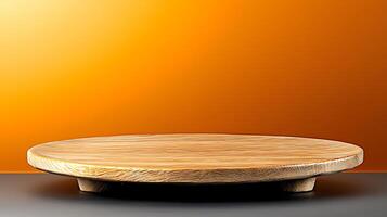 Wooden display platform on a smooth surface with a vibrant orange gradient background photo
