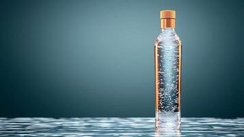 Clear water bottle with bubbles on a reflective surface against a soft gradient background photo