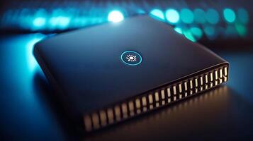 Modern sleek device on a dark surface with glowing blue lights in the background photo