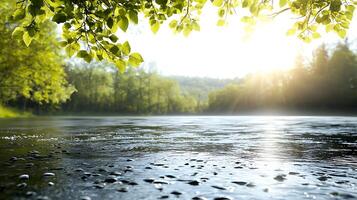 Serene lakeside view at sunrise with gentle ripples and lush greenery surrounding the water photo