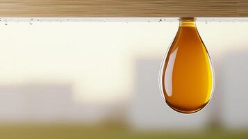 Close-up of a golden oil droplet hanging from a wooden surface against a blurred background photo