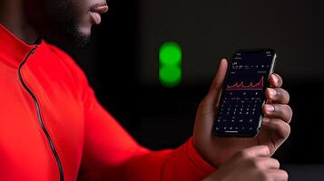 Athlete analyzing performance data on smartphone in a dimly lit environment with green light photo