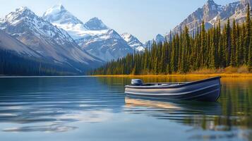Serene lake scene with a boat floating amidst majestic mountains and lush forests in the background photo