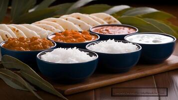 A vibrant spread of Indian cuisine featuring rice, curries, and yogurt on a wooden table photo