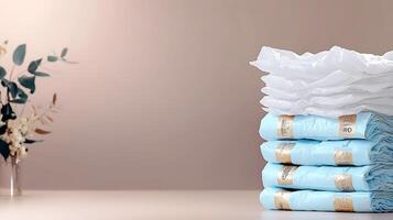 Stacked blue diapers on a soft surface with a decorative vase and greenery in the background photo