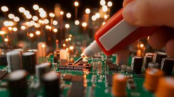 Close-up of a hand using a marker on a circuit board with glowing lights in the background photo