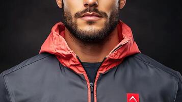Close-up portrait of a man in a stylish jacket, showcasing facial features against a dark background photo