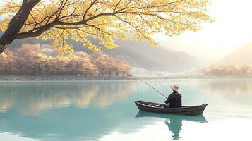 Serene fishing scene in autumn, with a lone angler on a tranquil lake surrounded by golden trees photo