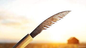 Close-up of a rustic knife glistening in sunlight with a blurred barn in the background photo