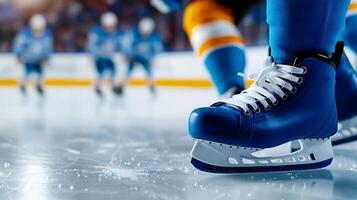 Close-up of an ice hockey player's skate on the rink with teammates in action behind photo