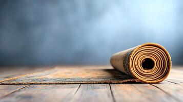 A rolled vintage rug resting on a wooden floor, with a softly lit blue-gray background photo