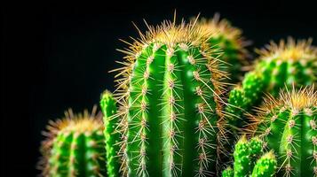 Close-up view of vibrant green cacti with sharp spines against a dark background, showcasing nature's resilience photo