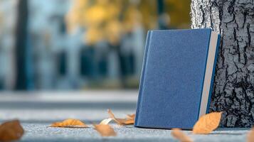 A serene autumn scene featuring a blue book resting against a tree trunk with fallen leaves photo