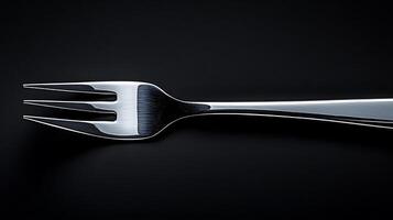 Close-up of a shiny silver fork on a dark background, highlighting its sleek design and elegance photo