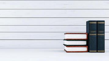 Stacked vintage books on a white wooden shelf with a clean background, ideal for education themes photo