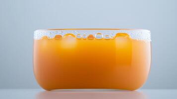Close-up of a translucent bowl filled with orange juice, showcasing bubbles and smooth texture photo