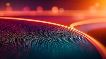 Vibrant close-up of a vinyl record with colorful lighting and bokeh effects in the background photo