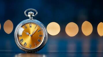 Vintage pocket watch with an ornate design, set against a blurred bokeh background of lights photo