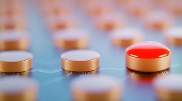 Close-up view of a vibrant red button among metallic circular elements on a circuit board photo
