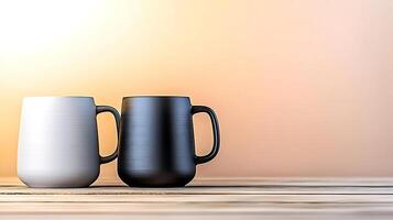 Two ceramic mugs, one white and one black, placed on a wooden table against a soft gradient background photo