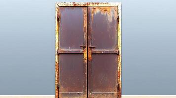 Rusty double doors with peeling paint in a minimalist setting, suggesting abandonment or neglect photo