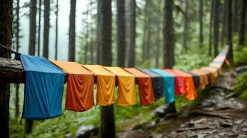 Colorful fabrics hanging on a log in a misty forest during light rain, creating a vibrant scene photo