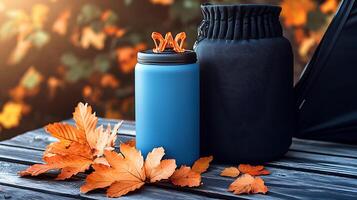 A vibrant blue container and a black jar surrounded by autumn leaves on a wooden table photo