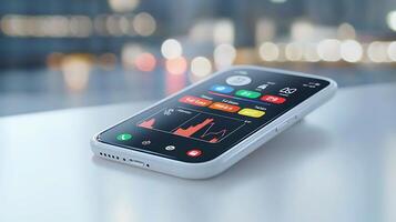 Modern smartphone displaying financial data with blurred city lights in the background photo