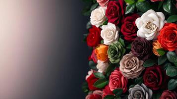 A vibrant arrangement of artificial roses in various colors against a soft gradient background photo