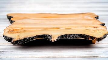 Wooden slab with natural edges displayed on a rustic wooden surface, showcasing its unique grain patterns photo