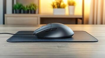 A sleek black computer mouse resting on a textured mouse pad, with soft lighting and plants in the background photo