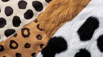 Close-up of various animal print fabrics showcasing distinct patterns and textures in vibrant colors photo