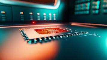 Close-up view of a microchip on a futuristic circuit board with glowing elements in a tech lab photo