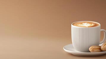 A beautifully crafted latte art in a white cup on a smooth beige background with cookies photo