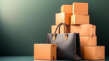 Stylish black handbag displayed next to stacked cardboard boxes against a green backdrop photo