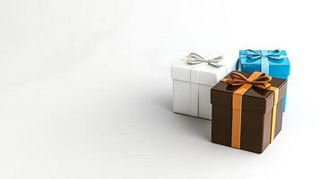 Three beautifully wrapped gift boxes in white, blue, and brown with elegant bows on a light background photo