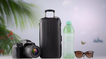 Travel essentials displayed on a tropical background featuring a suitcase, camera, and sunglasses photo
