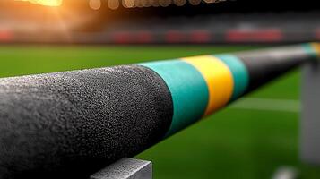 Close-up of a colorful railing at a sports stadium during sunset, with blurred field background photo