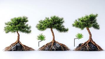 Three bonsai trees with intricate roots displayed on rocks against a neutral background photo