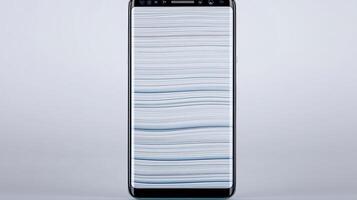 Close-up view of a smartphone displaying abstract wavy lines on its screen against a plain background photo