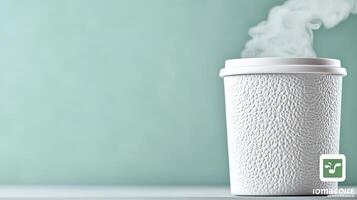 Steaming coffee cup on a minimalist background with soft colors and gentle smoke rising photo