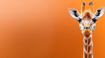 Close-up of a giraffe with a vibrant orange background, showcasing its unique features and expression photo